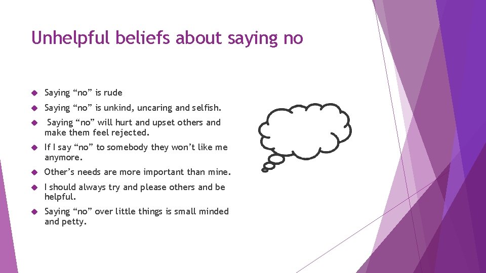 Unhelpful beliefs about saying no Saying “no” is rude Saying “no” is unkind, uncaring