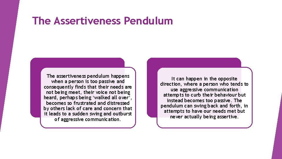 The Assertiveness Pendulum The assertiveness pendulum happens when a person is too passive and