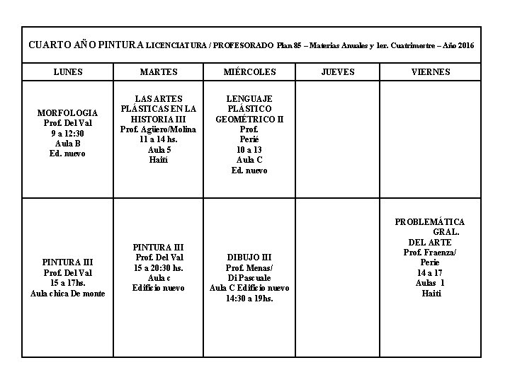 CUARTO AÑO PINTURA LICENCIATURA / PROFESORADO Plan 85 – Materias Anuales y 1 er.