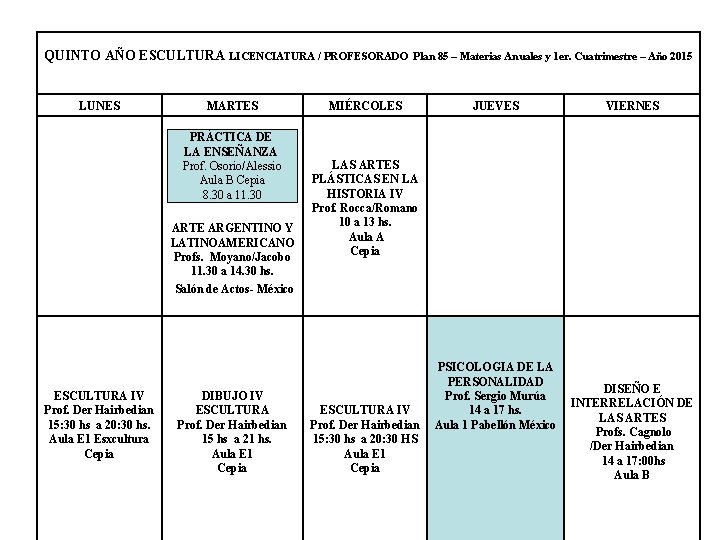 QUINTO AÑO ESCULTURA LICENCIATURA / PROFESORADO LUNES MARTES PRÁCTICA DE LA ENSEÑANZA Prof. Osorio/Alessio