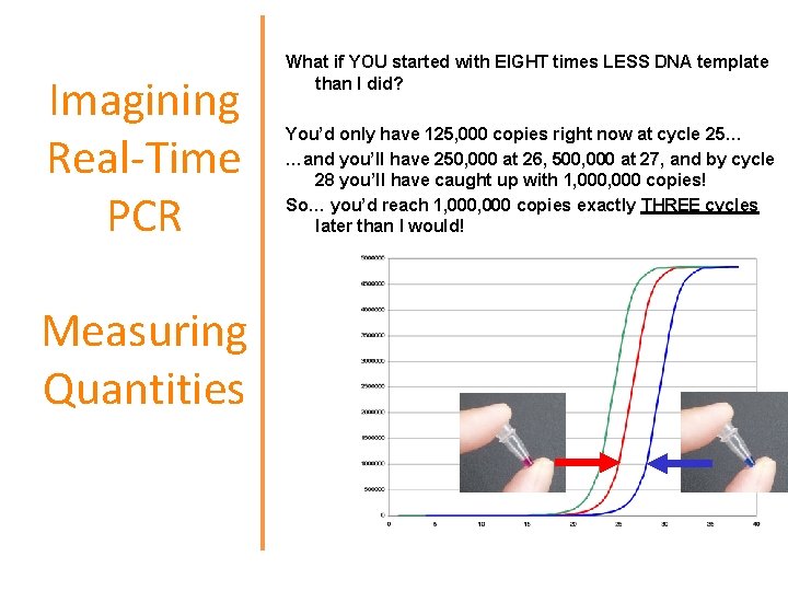 Imagining Real-Time PCR Measuring Quantities What if YOU started with EIGHT times LESS DNA