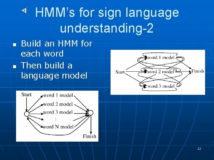 HMM’s for sign language understanding-2 n n Build an HMM for each word Then