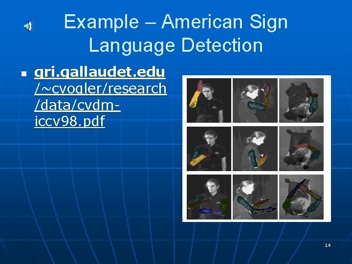 Example – American Sign Language Detection n gri. gallaudet. edu /~cvogler/research /data/cvdmiccv 98. pdf