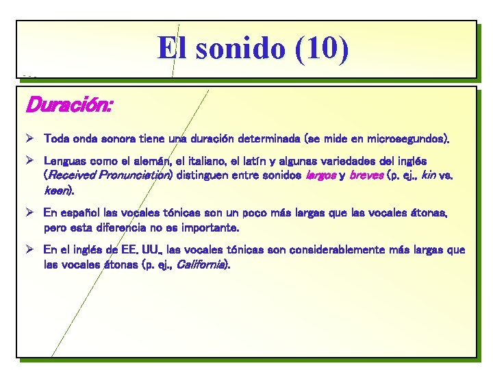 El sonido (10) Duración: Ø Toda onda sonora tiene una duración determinada (se mide