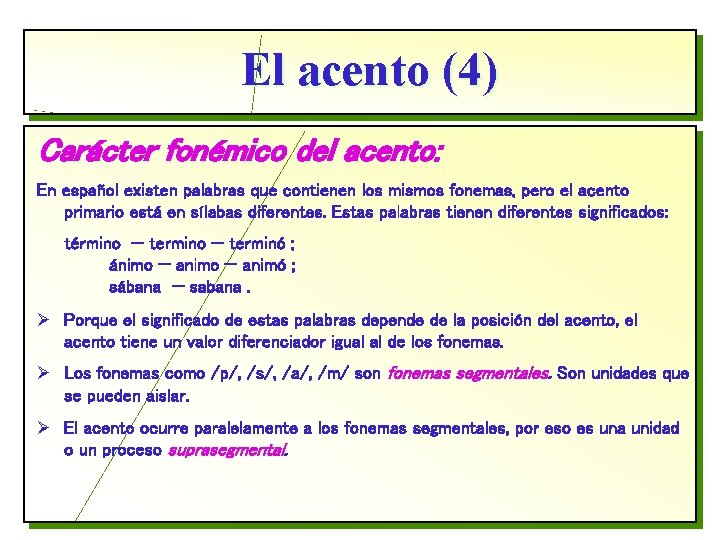 El acento (4) Carácter fonémico del acento: En español existen palabras que contienen los