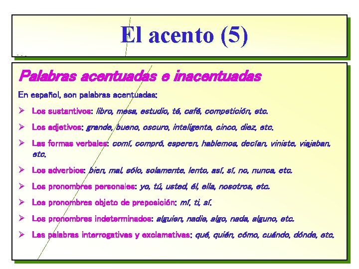 El acento (5) Palabras acentuadas e inacentuadas En español, son palabras acentuadas: Ø Los