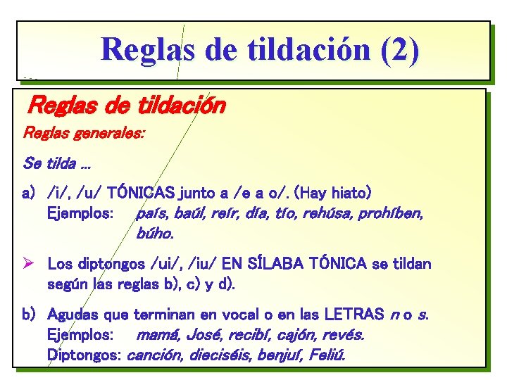Reglas de tildación (2) Reglas de tildación Reglas generales: Se tilda. . . a)