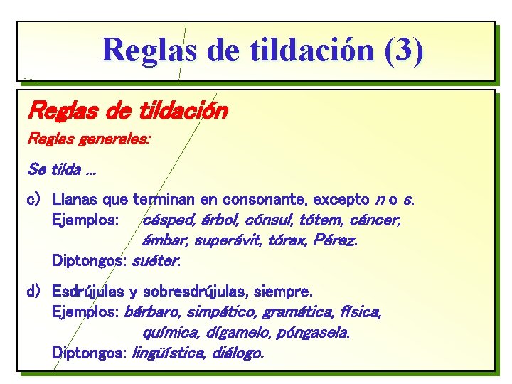 Reglas de tildación (3) Reglas de tildación Reglas generales: Se tilda. . . c)