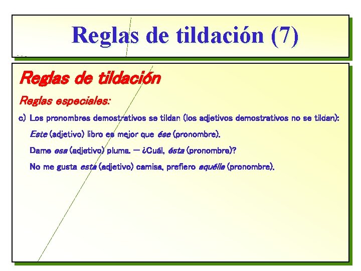 Reglas de tildación (7) Reglas de tildación Reglas especiales: c) Los pronombres demostrativos se