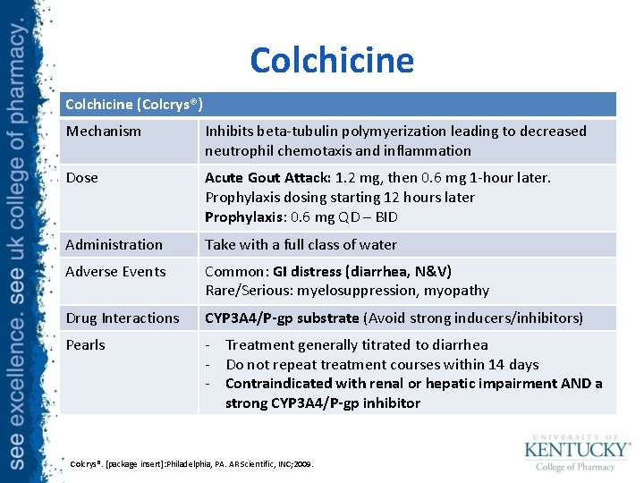 Colchicine (Colcrys®) Mechanism Inhibits beta-tubulin polymyerization leading to decreased neutrophil chemotaxis and inflammation Dose