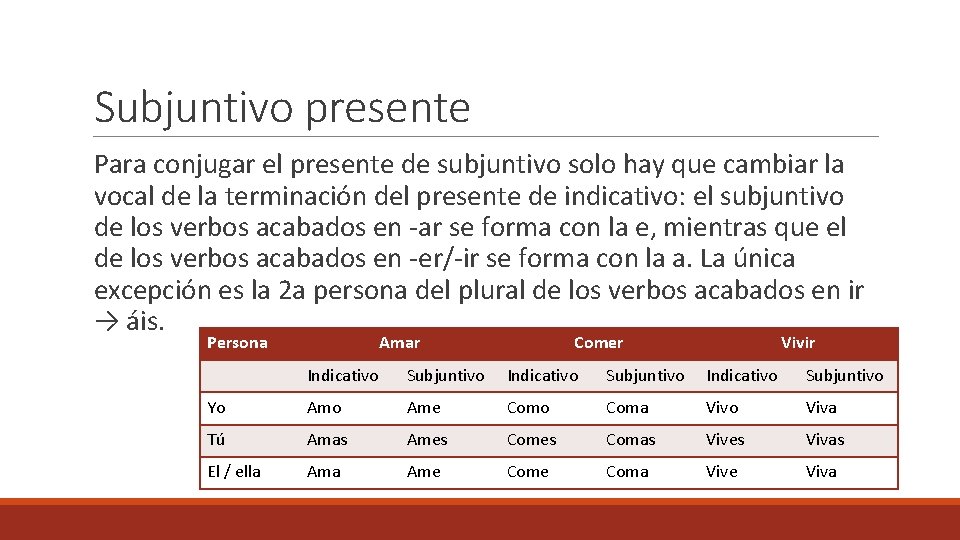 Subjuntivo presente Para conjugar el presente de subjuntivo solo hay que cambiar la vocal