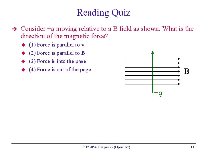 Reading Quiz Consider +q moving relative to a B field as shown. What is