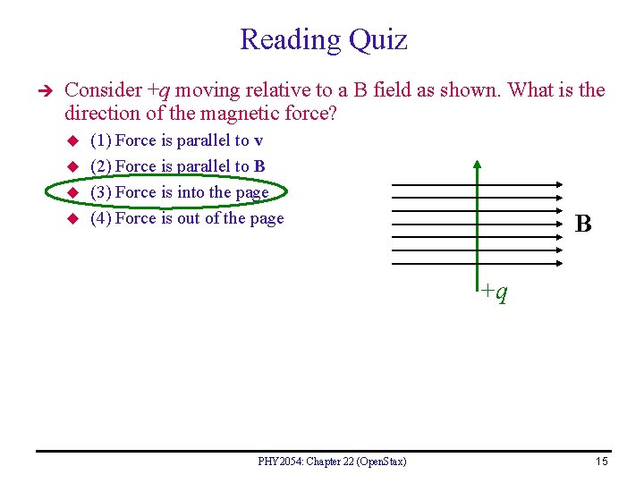 Reading Quiz Consider +q moving relative to a B field as shown. What is