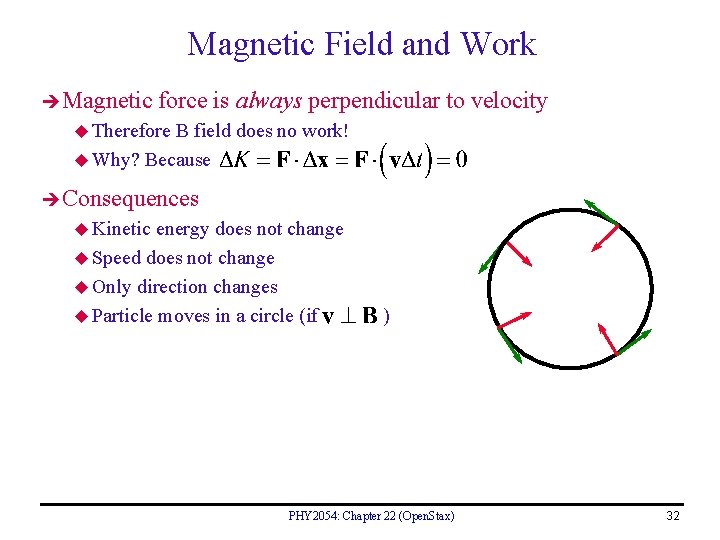 Magnetic Field and Work Magnetic force is always perpendicular to velocity u Therefore B