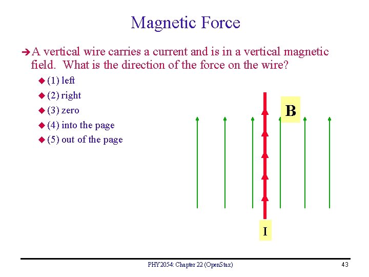 Magnetic Force A vertical wire carries a current and is in a vertical magnetic