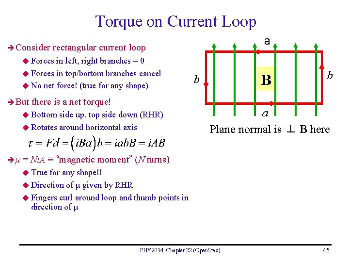 Torque on Current Loop Consider a rectangular current loop u Forces in left, right