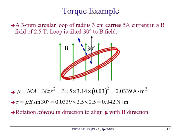 Torque Example A 3 -turn circular loop of radius 3 cm carries 5 A