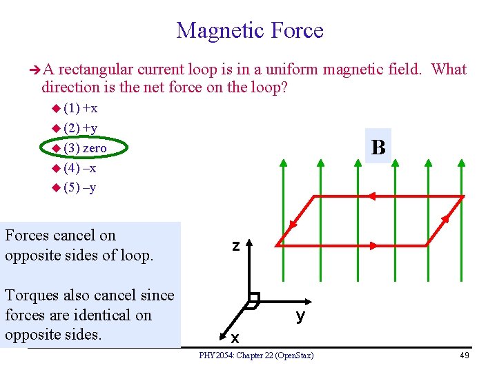Magnetic Force A rectangular current loop is in a uniform magnetic field. What direction