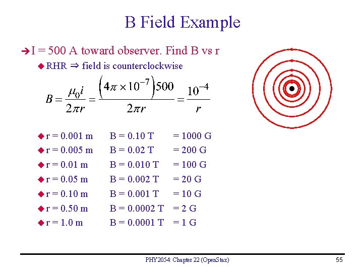 B Field Example I = 500 A toward observer. Find B vs r u