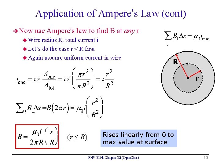 Application of Ampere’s Law (cont) Now use Ampere’s law to find B at any