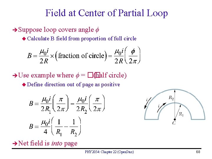 Field at Center of Partial Loop Suppose loop covers angle ϕ u Calculate Use