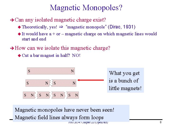 Magnetic Monopoles? Can any isolated magnetic charge exist? yes! ⇒ “magnetic monopole” (Dirac, 1931)