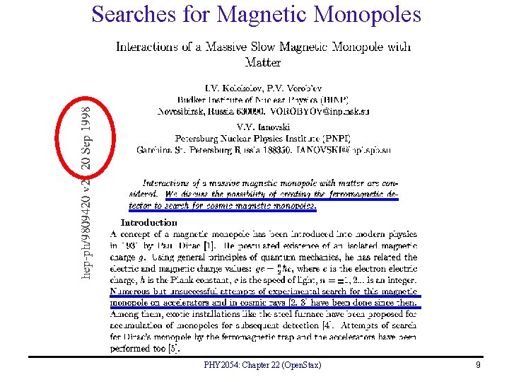 Searches for Magnetic Monopoles PHY 2054: Chapter 22 (Open. Stax) 9 