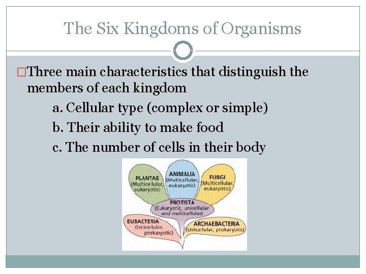 The Six Kingdoms of Organisms �Three main characteristics that distinguish the members of each