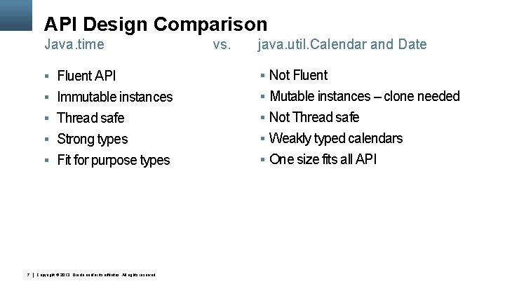 API Design Comparison Java. time 7 vs. java. util. Calendar and Date § Fluent