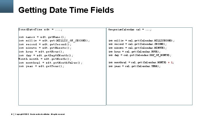 Getting Date Time Fields Zoned. Date. Time zdt =. . . ; int nanos