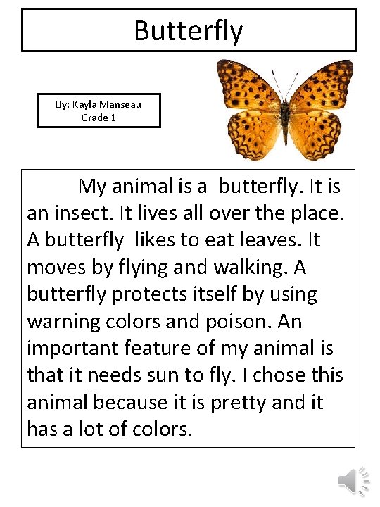 Butterfly By: Kayla Manseau Grade 1 picture My animal is a butterfly. It is