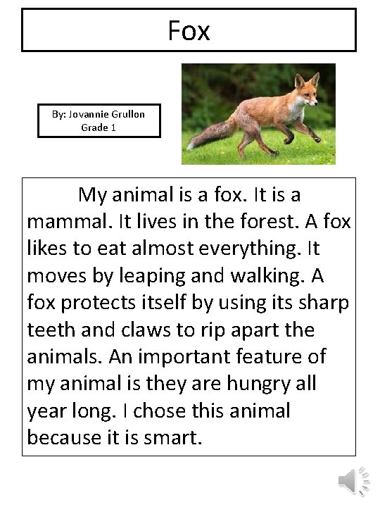 Fox picture By: Jovannie Grullon Grade 1 My animal is a fox. It is