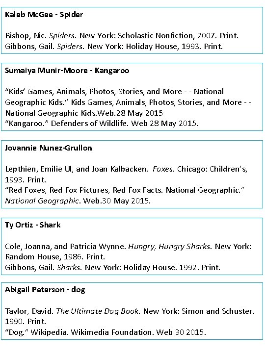 Kaleb Mc. Gee - Spider Bishop, Nic. Spiders. New York: Scholastic Nonfiction, 2007. Print.