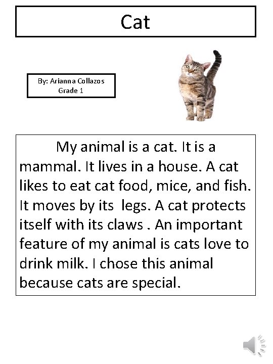 Cat By: Arianna Collazos Grade 1 My animal is a cat. It is a