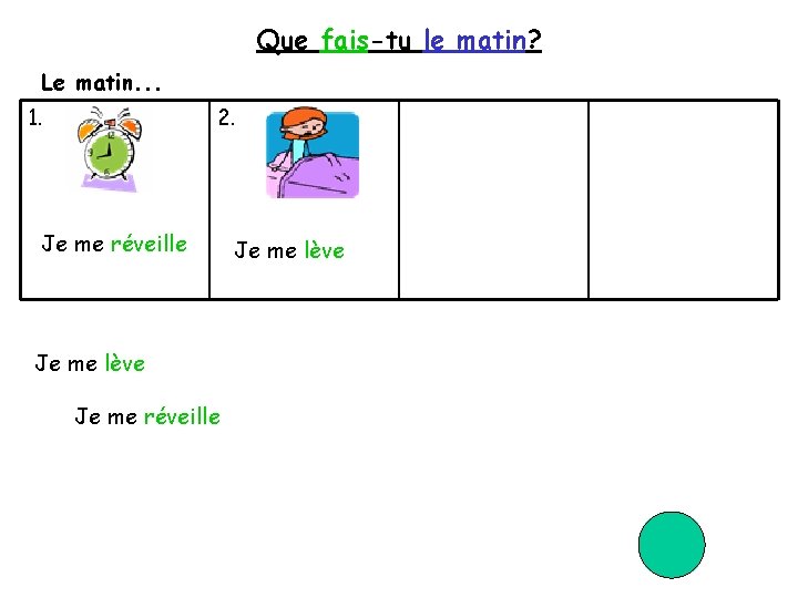 Que fais-tu le matin? Le matin. . . 1. 2. Je me réveille Je