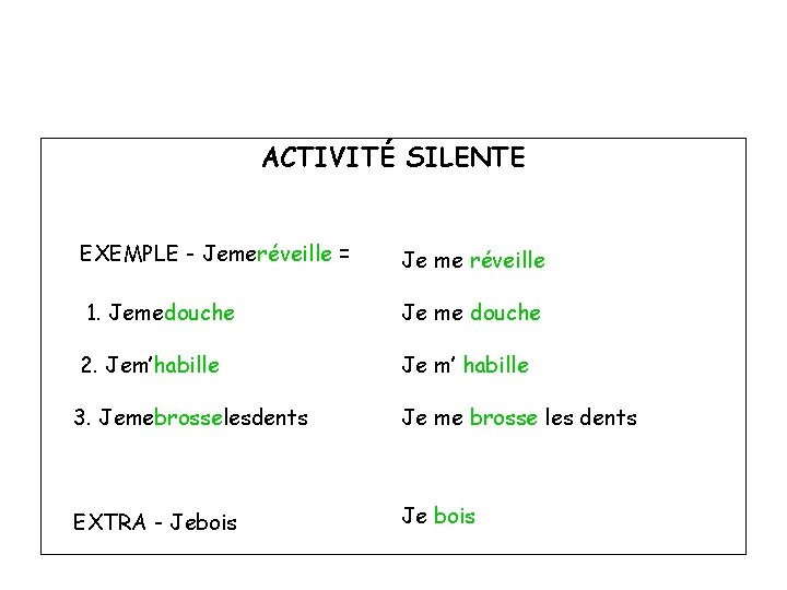 ACTIVITÉ SILENTE EXEMPLE - Jemeréveille = Je me réveille 1. Jemedouche Je me douche
