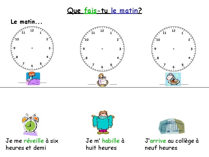 Que fais-tu le matin? Le matin. . . Je me réveille à six heures