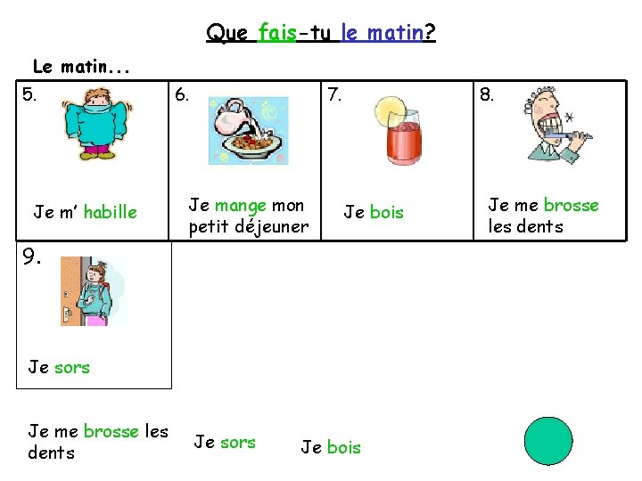 Que fais-tu le matin? Le matin. . . 5. Je m’ habille 6. 7.