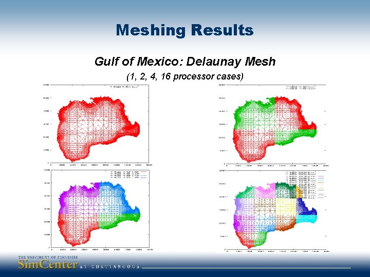 Meshing Results Gulf of Mexico: Delaunay Mesh (1, 2, 4, 16 processor cases) 