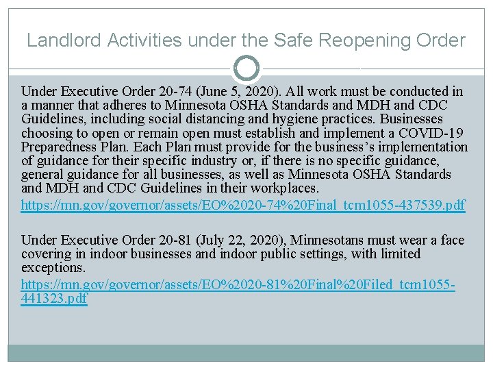 Landlord Activities under the Safe Reopening Order Under Executive Order 20 -74 (June 5,