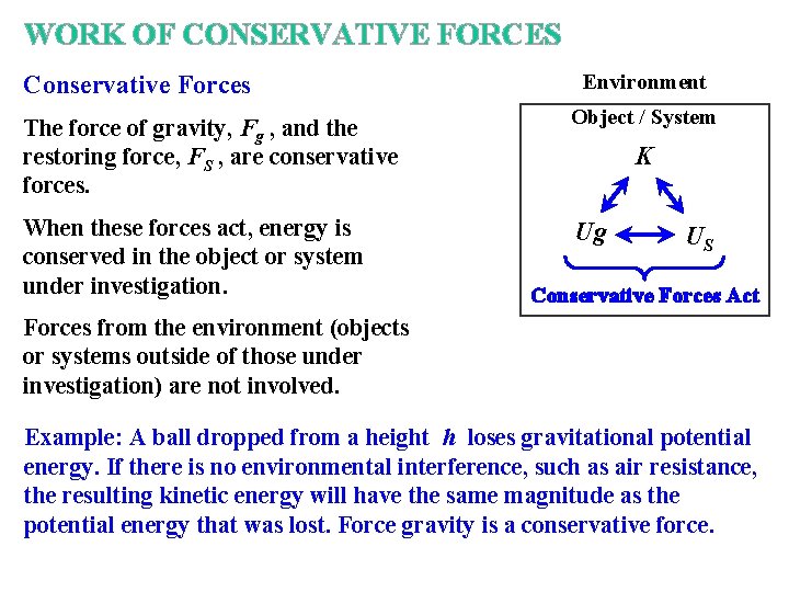 WORK OF CONSERVATIVE FORCES Conservative Forces Environment The force of gravity, Fg , and