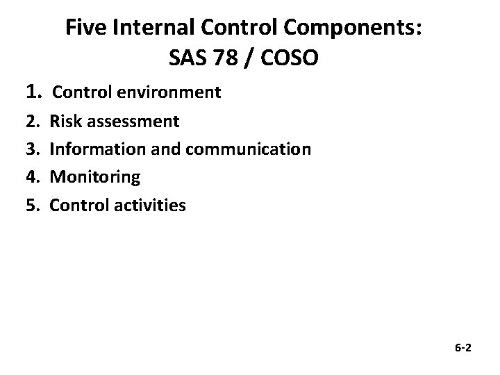 Five Internal Control Components: SAS 78 / COSO 1. Control environment 2. 3. 4.