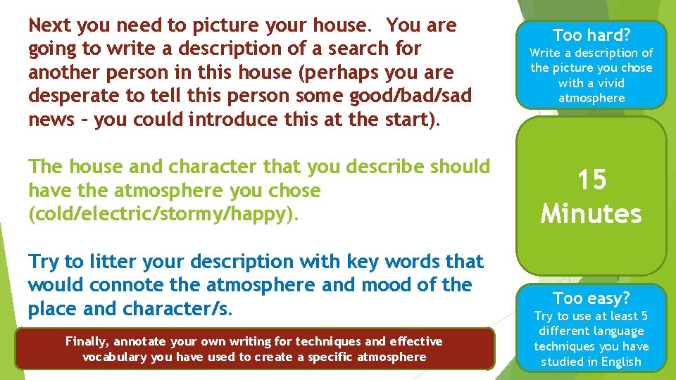 Next you need to picture your house. You are going to write a description