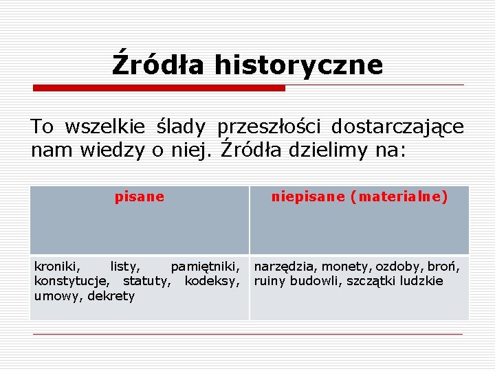 Źródła historyczne To wszelkie ślady przeszłości dostarczające nam wiedzy o niej. Źródła dzielimy na: