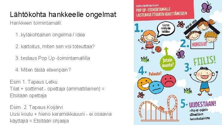 Lähtökohta hankkeelle ongelmat Hankkeen toimintamalli: 1. kyläkohtainen ongelma / idea 2. kartoitus, miten sen