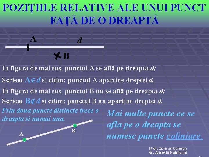 POZIŢIILE RELATIVE ALE UNUI PUNCT FAŢĂ DE O DREAPTĂ A d B In figura