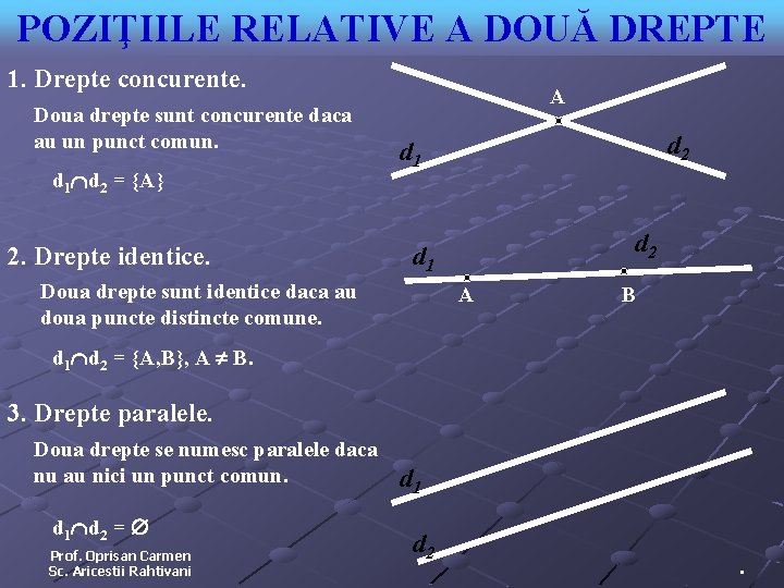 POZIŢIILE RELATIVE A DOUĂ DREPTE 1. Drepte concurente. Doua drepte sunt concurente daca au