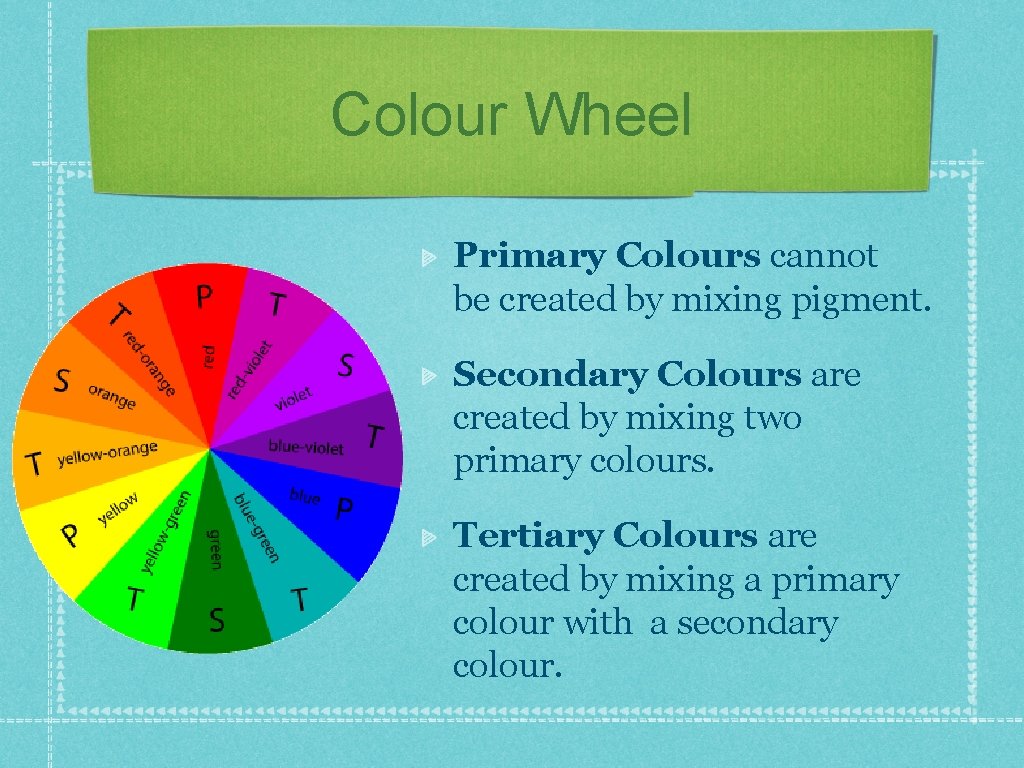 Colour Wheel Primary Colours cannot be created by mixing pigment. Secondary Colours are created