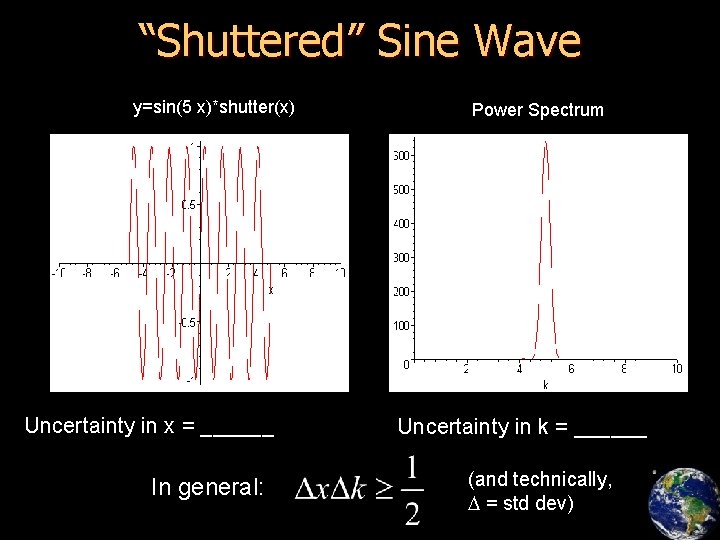 “Shuttered” Sine Wave y=sin(5 x)*shutter(x) Uncertainty in x = ______ In general: Power Spectrum