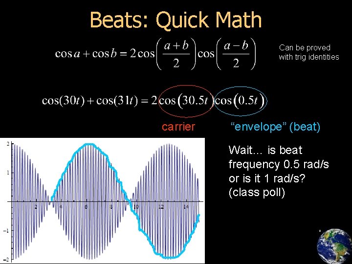 Beats: Quick Math Can be proved with trig identities carrier “envelope” (beat) Wait… is